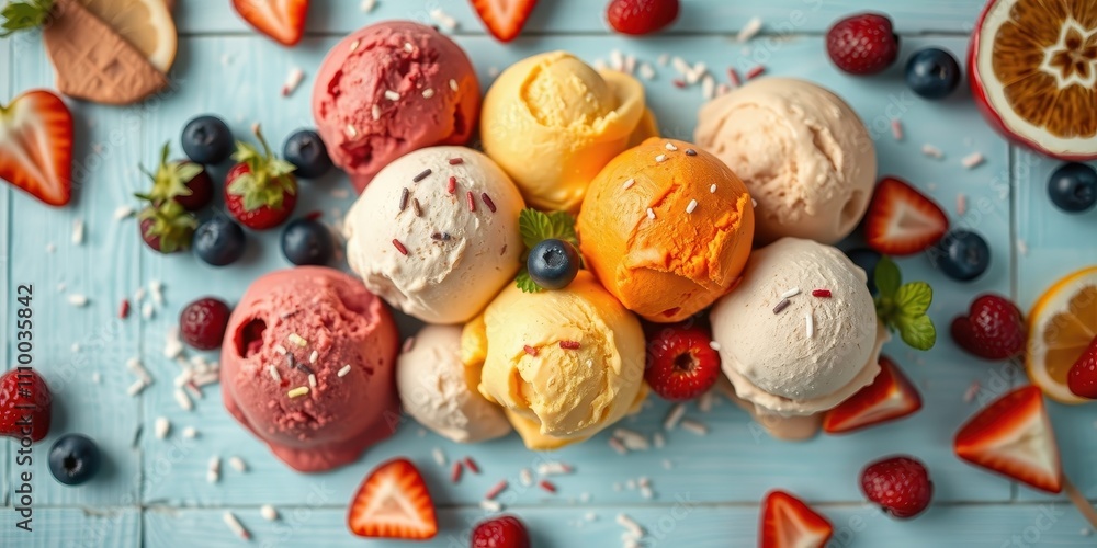 A vibrant assortment of creamy ice cream scoops, adorned with sprinkles, nestled amidst a medley of fresh strawberries, blueberries, and citrus slices on a light blue wooden surface. A vibrant assortment of creamy ice cream scoops, adorned with sprinkles, nestled amidst a medley of fresh strawberries, blueberries, and citrus slices on a light blue wooden surface.