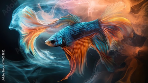 High resolution 16K image of betta fish with beautiful colors wagging tail with smoke effect on black background