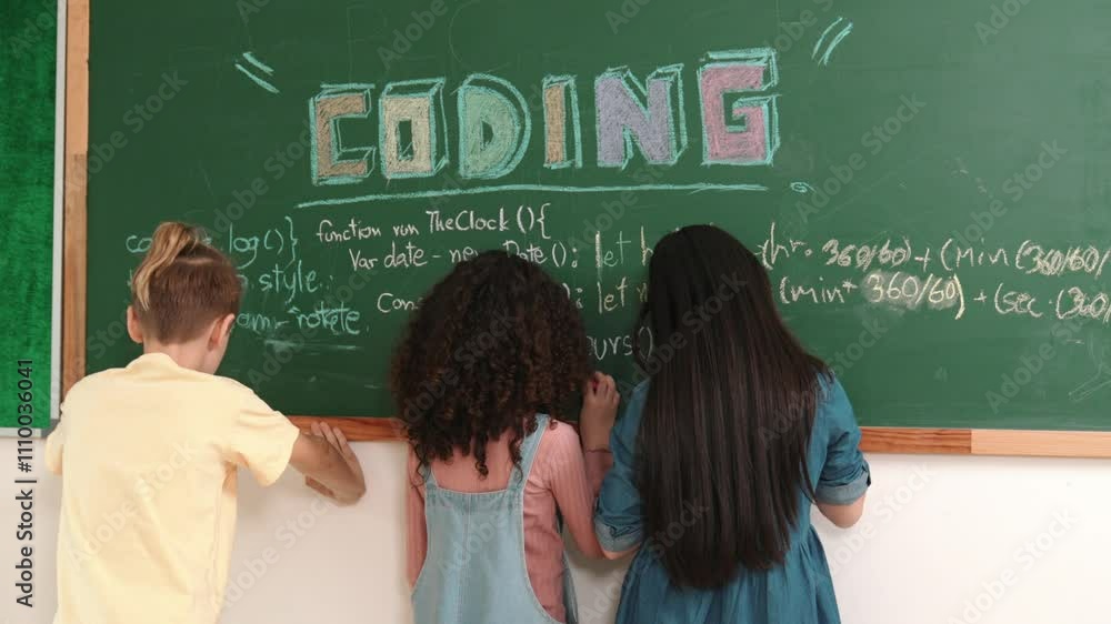 Back view of smart student writing coding engineering prompt and generated AI programing system code at blackboard. Happy diverse children working together to plan website development plan. Pedagogy. Back view of smart student writing coding engineering prompt and generated AI programing system code at blackboard. Happy diverse children working together to plan website development plan. Pedagogy.
