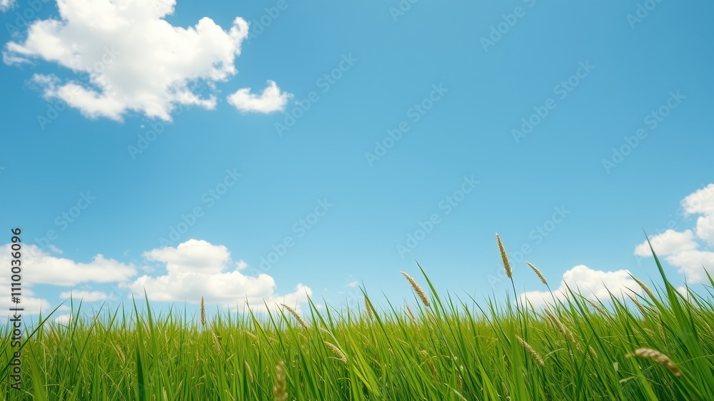 A vibrant green grassy field reaches towards a clear blue sky with fluffy white clouds A vibrant green grassy field reaches towards a clear blue sky with fluffy white clouds