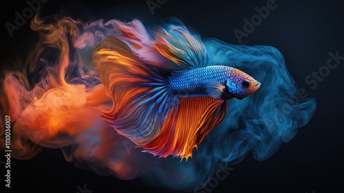 High resolution 16K image of betta fish with beautiful colors wagging tail with smoke effect on black background