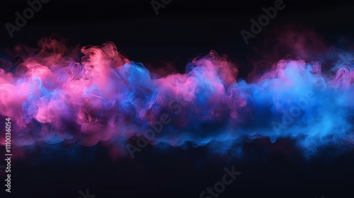 A vibrant abstract image featuring swirling clouds of pink and blue hues against a dark background.