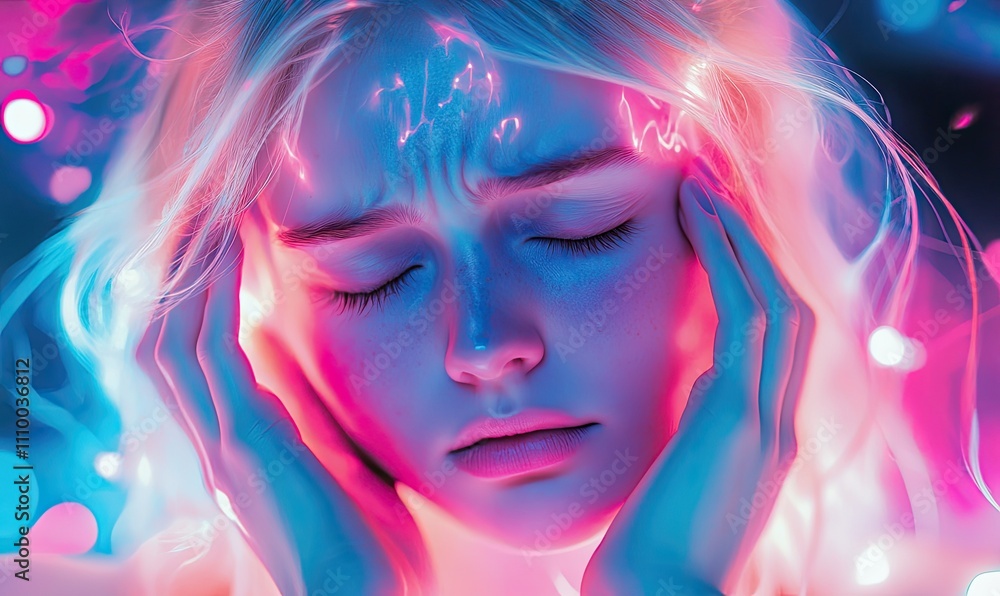 A woman with closed eyes and her hands on the sides of her head, suffering from a severe migraine or headache A woman with closed eyes and her hands on the sides of her head, suffering from a severe migraine or headache