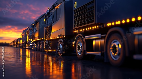 Modern Transportation: Powerful Trucks Parked at Sunset with Dramatic Lighting and Emphasis on Strength and Technology