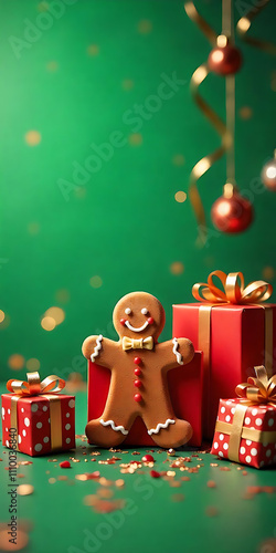 Colorful vertical Christmas presents and decorations on green background, featuring gingerbread man, festive ribbons, and ornaments to celebrate the holiday