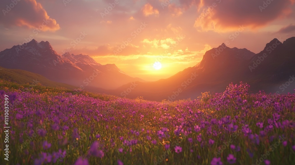 Fototapeta premium Sunrise Over Purple Wildflower Meadow with Majestic Mountain Peaks in Background - Generative AI