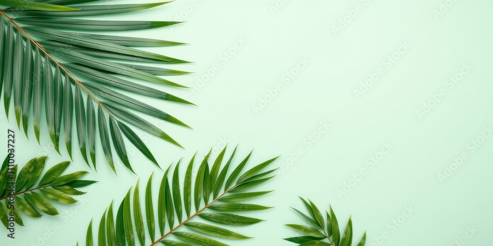Tropical Leaf Arrangement on a Soft Green Background Tropical Leaf Arrangement on a Soft Green Background