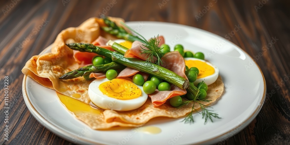 A simple yet delicious breakfast dish featuring a thin crepe topped with halved boiled eggs, fresh asparagus spears, and a scattering of green peas, served on a pristine white plate. A simple yet delicious breakfast dish featuring a thin crepe topped with halved boiled eggs, fresh asparagus spears, and a scattering of green peas, served on a pristine white plate.