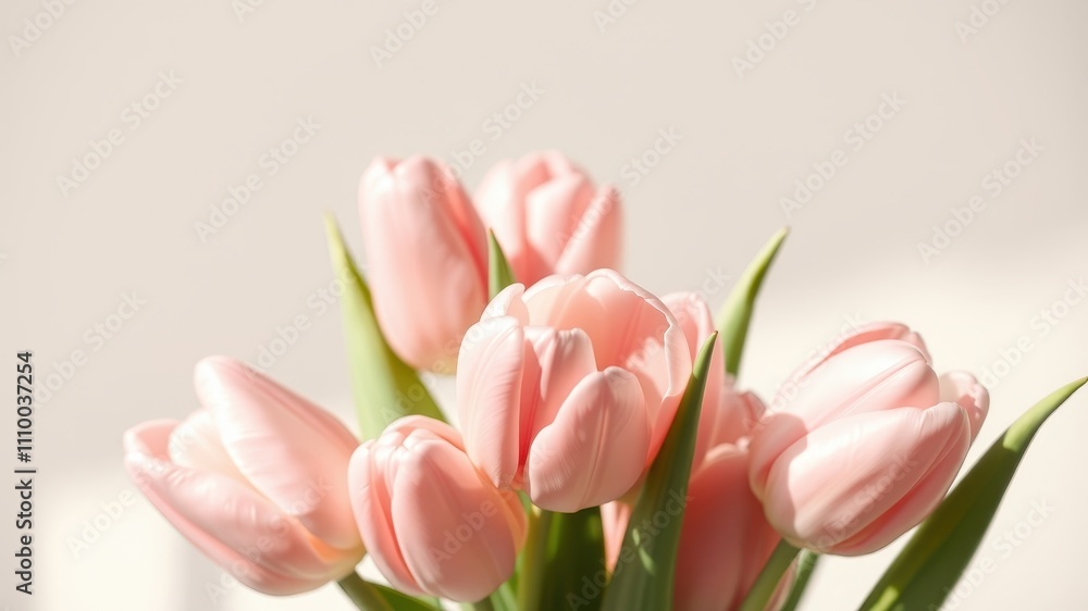 Obraz premium A bouquet of delicate pink tulips with soft petals and green stems, bathed in warm sunlight.