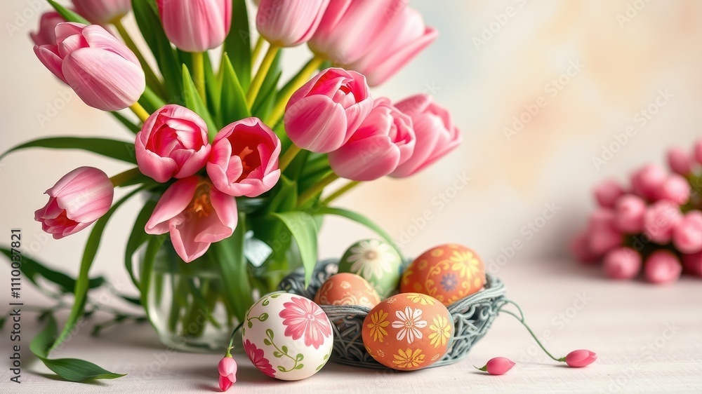 A bouquet of pink tulips in a vase with beautifully decorated Easter eggs in a wicker basket on a table with soft pastel background. A bouquet of pink tulips in a vase with beautifully decorated Easter eggs in a wicker basket on a table with soft pastel background.