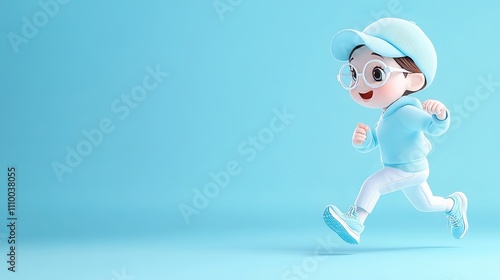 Cartoon Character Running in Exercise Clothes Against Blue Background