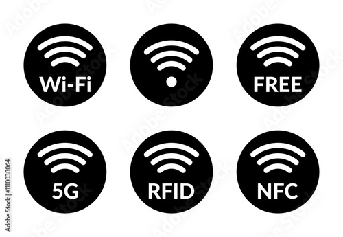 wireless network round solid vector icon set