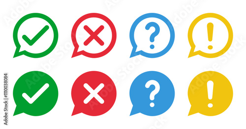 green check and red cross symbols, blue question mark and yellow exclamation point, round speech bubble thin line vector signs, solid fill circle icons set