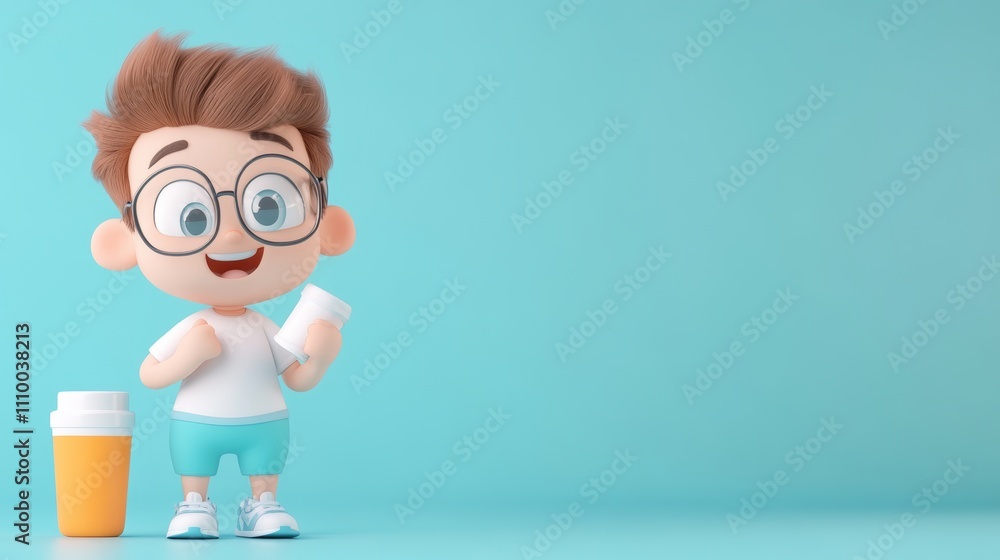 Cute Cartoon Character in Exercise Clothes Holding Beverage Cup Cute Cartoon Character in Exercise Clothes Holding Beverage Cup