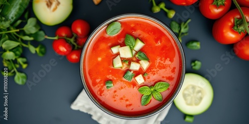 A bowl of cold tomato soup garnished with fresh cucumber and basil, a refreshing summer dish