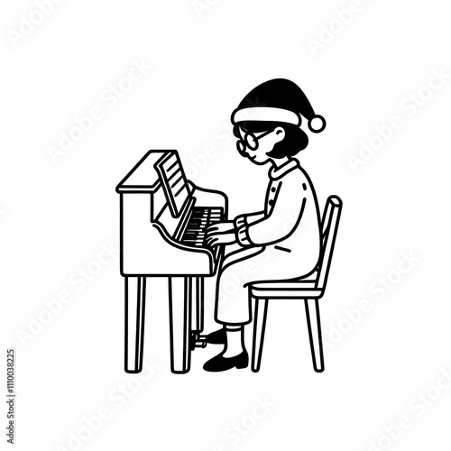 Blank coloring book illustration, a woman wearing a Christmas hat is playing the piano.