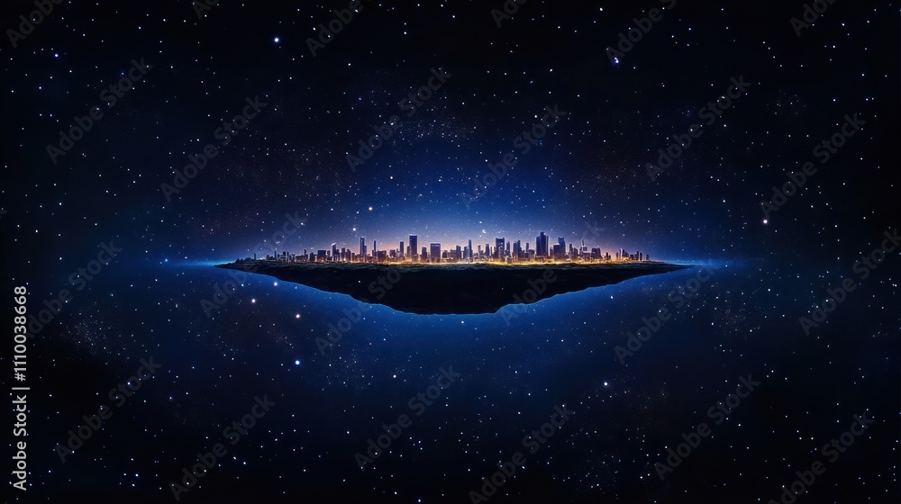 Obraz premium Flat Earth Theory in Cosmic Illumination: Futuristic Interpretation of a Floating Planet in Space with Celestial Backdrop