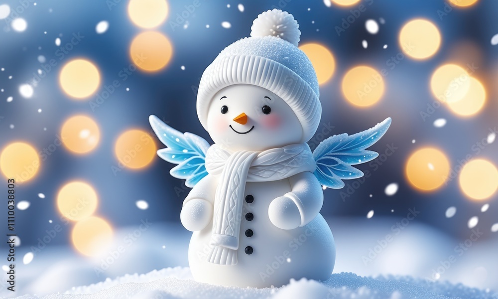 Obraz premium Charming snowman with blue wings in winter wonderland
