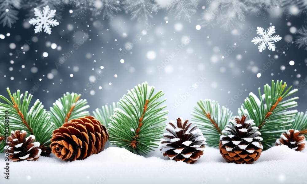 Winter wonderland: snowy pine cones and fir branches in a festive holiday scene Winter wonderland: snowy pine cones and fir branches in a festive holiday scene
