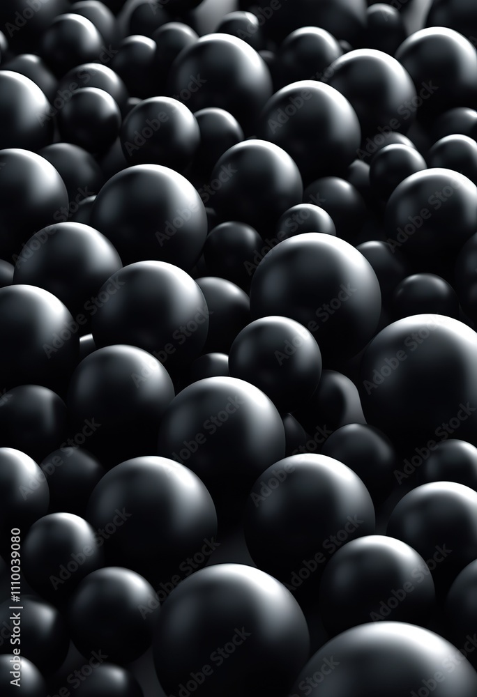 Obraz premium Closeup of numerous glossy black spheres, varying in size, densely packed together. Creates a dark, abstract, 3D rendered texture.