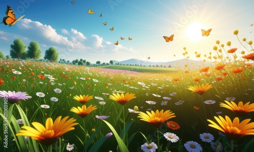 Sunny meadow with vibrant wildflowers and fluttering butterflies in bloom
