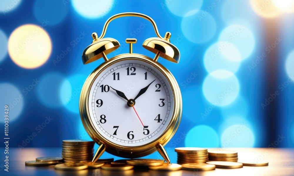 Golden alarm clock with coins against a blurred blue bokeh background Golden alarm clock with coins against a blurred blue bokeh background
