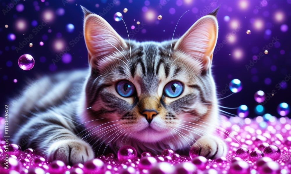 Adorable kitten with blue eyes amidst sparkling bubbles in vibrant colors Adorable kitten with blue eyes amidst sparkling bubbles in vibrant colors