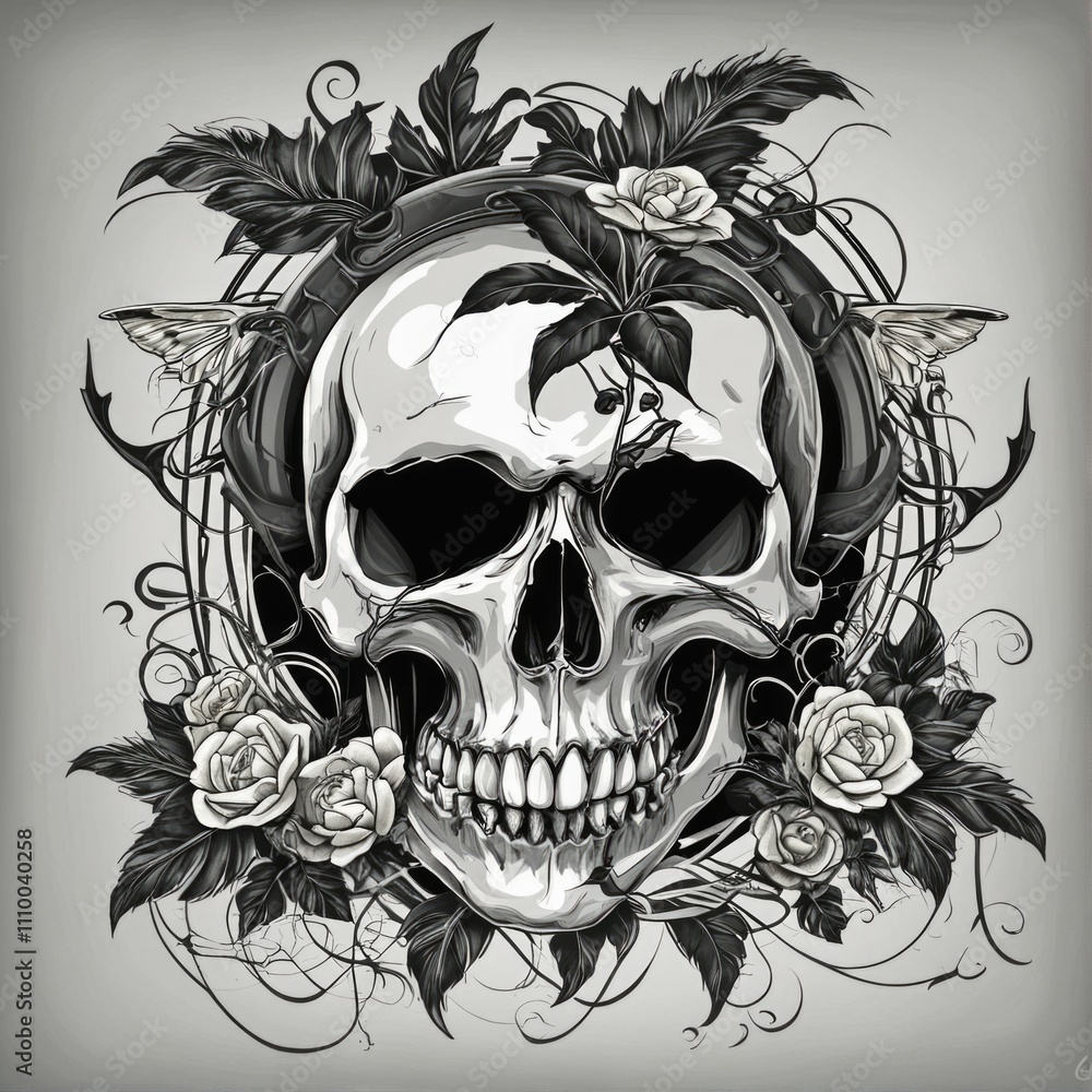 Intricate skull with floral and butterfly accents: a fusion of gothic and nature elements Intricate skull with floral and butterfly accents: a fusion of gothic and nature elements