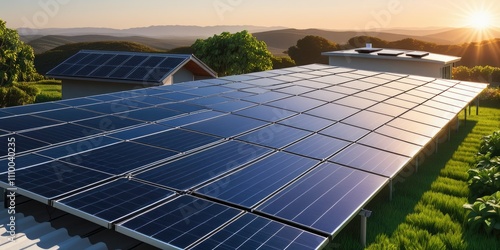 Solar panels on rooftops and fields at sunset in a rural landscape photo