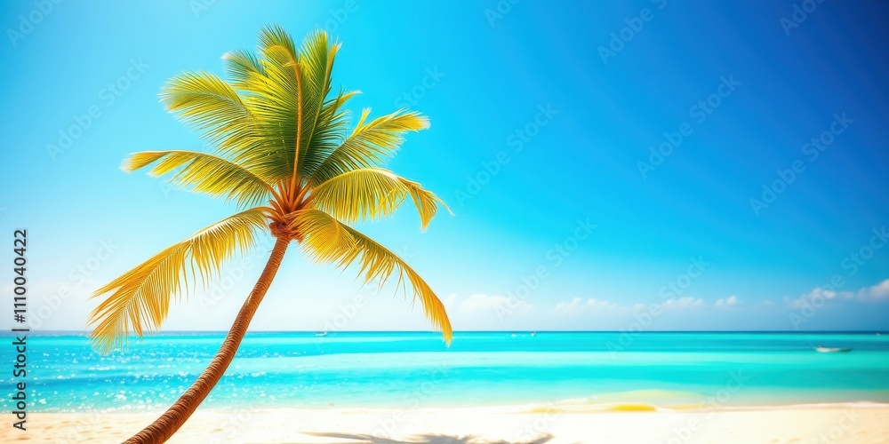 Fototapeta premium A single palm tree stands tall against a vibrant blue sky, its lush green fronds reaching towards the sun as the turquoise ocean waves gently lap at the pristine white sand beach.
