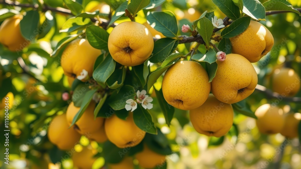 A vibrant tree branch laden with ripe, golden fruit, showcasing the beauty of nature's bounty A vibrant tree branch laden with ripe, golden fruit, showcasing the beauty of nature's bounty