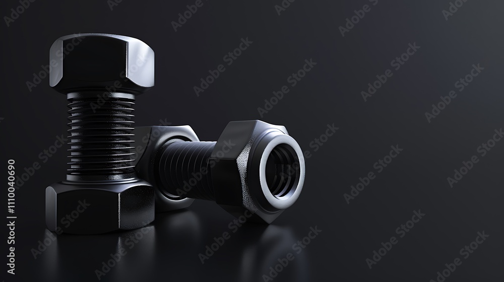 A close-up of two black metal bolts and nuts on a dark surface, showcasing industrial hardware.