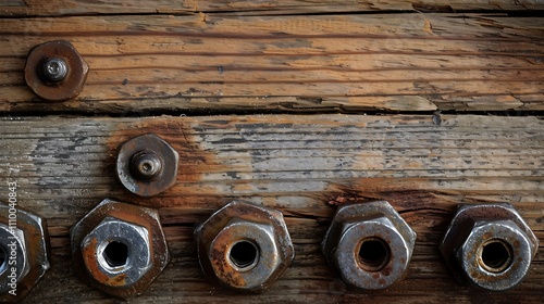 A close-up view of rusted nuts and bolts on weathered wood, showcasing industrial textures and materials. photo