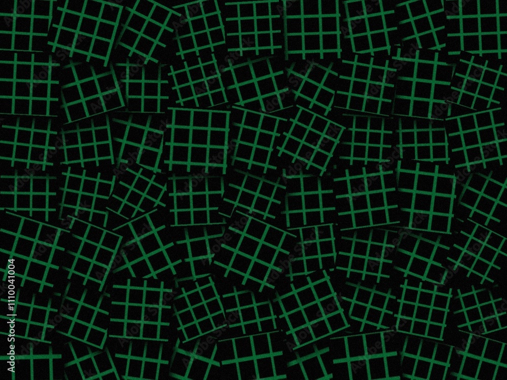 Abstract dark green grid pattern on black background, overlapping squares. Abstract dark green grid pattern on black background, overlapping squares.
