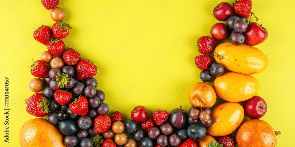 Vibrant Fruit Composition A Colorful Arrangement of Strawberries, Plums, and Exotic Fruits on a Sunny Yellow Background Vibrant Fruit Composition A Colorful Arrangement of Strawberries, Plums, and Exotic Fruits on a Sunny Yellow Background