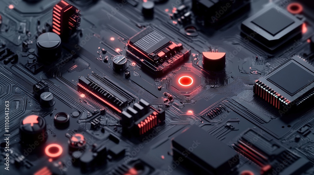 Close-Up View of a Futuristic Circuit Board with Neon Glow and Intricate Components, Perfect for Technology and Innovation Themes in Digital Media and Designs Close-Up View of a Futuristic Circuit Board with Neon Glow and Intricate Components, Perfect for Technology and Innovation Themes in Digital Media and Designs