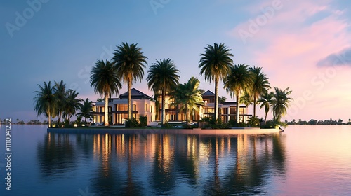 Luxurious island villa at sunset, reflecting in calm water, surrounded by palm trees.