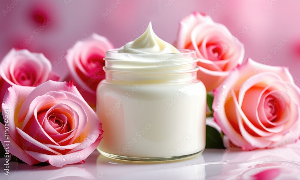 Luxurious rosescented cream jar surrounded by fresh pink roses on glossy surface Luxurious rosescented cream jar surrounded by fresh pink roses on glossy surface