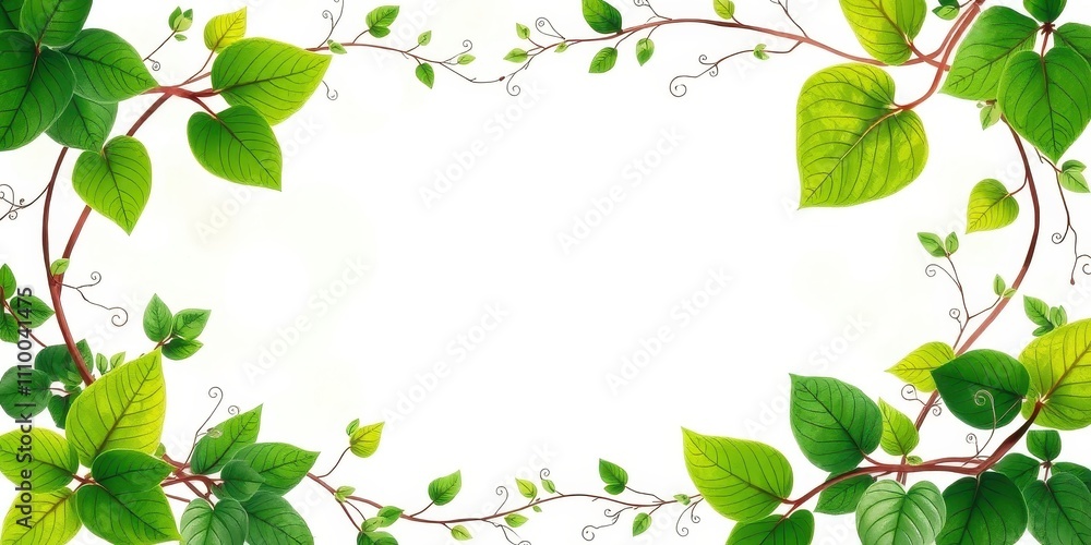 A delicate frame of entwined green leaves and slender stems, a vibrant contrast against a pristine white background. A delicate frame of entwined green leaves and slender stems, a vibrant contrast against a pristine white background.