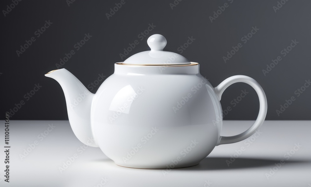 Elegant white ceramic teapot with gold rim on minimalist background Elegant white ceramic teapot with gold rim on minimalist background