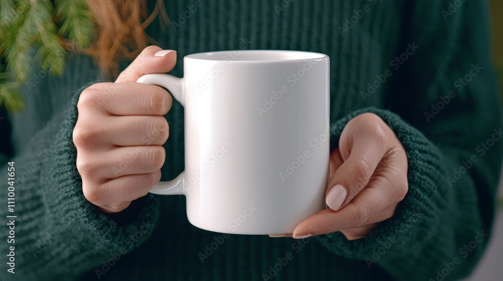 woman holding blank white mug in cozy green sweater, surrounded by nature. scene evokes warmth and comfort, perfect for enjoying hot beverage woman holding blank white mug in cozy green sweater, surrounded by nature. scene evokes warmth and comfort, perfect for enjoying hot beverage