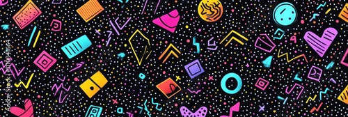 A vibrant pattern featuring colorful geometric shapes and icons on a black background.