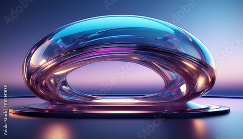 A glowing futuristic glass torus reflecting vibrant colors, set against a serene sunset over distant mountains.