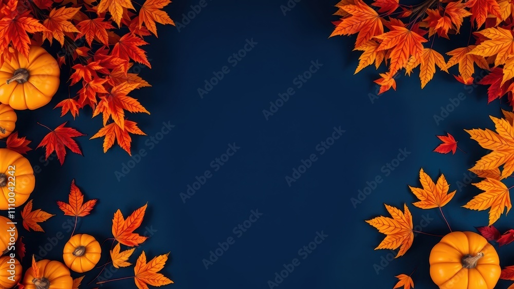 A vibrant arrangement of bright orange pumpkins and autumnal leaves against a deep blue backdrop. A vibrant arrangement of bright orange pumpkins and autumnal leaves against a deep blue backdrop.