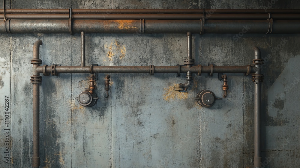 Rusty pipes on an industrial wall backdrop. Rusty pipes on an industrial wall backdrop.