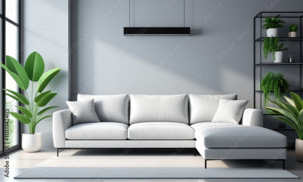Fototapeta premium Modern minimalist living room with white sofa and greenery accents