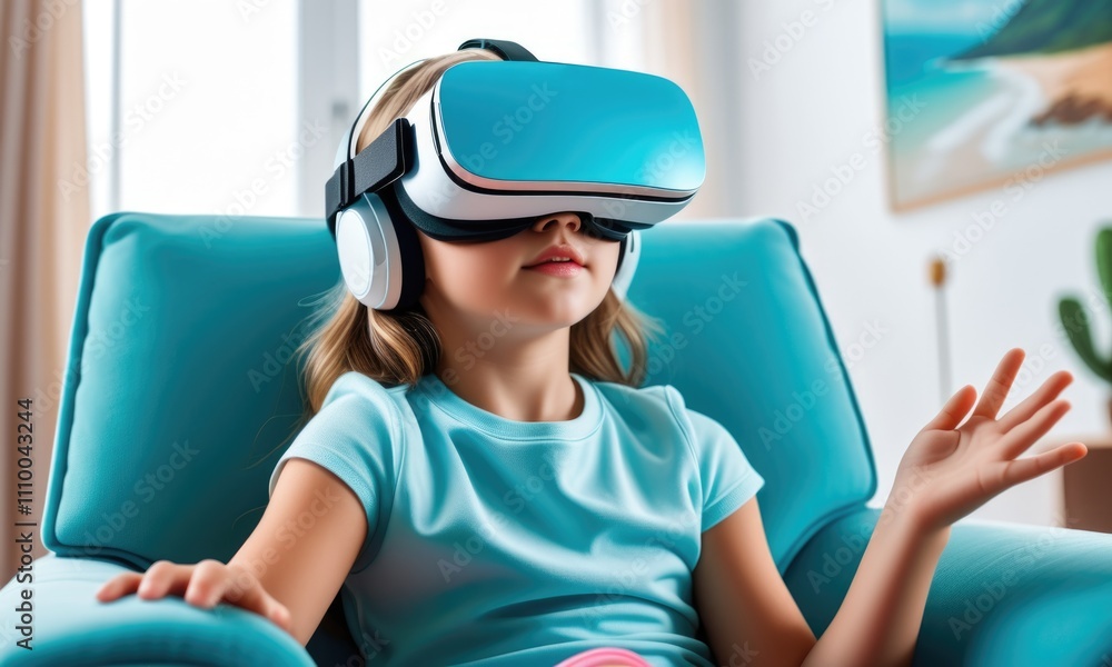 Child exploring virtual reality with vr headset at home Child exploring virtual reality with vr headset at home