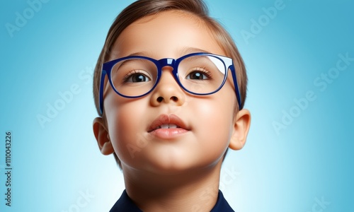 Young child with blue glasses against a light blue background