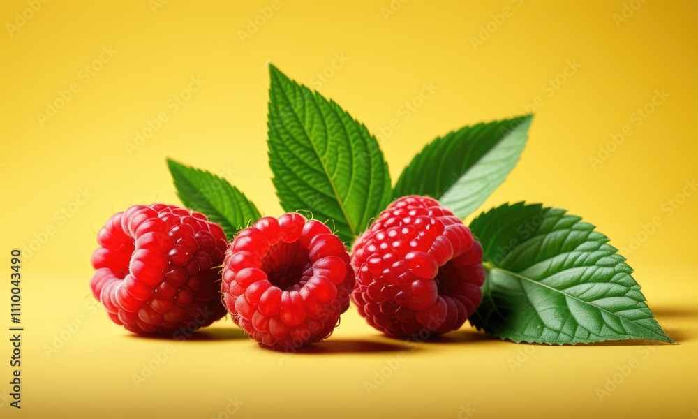 Fresh raspberries with green leaves on vibrant yellow background Fresh raspberries with green leaves on vibrant yellow background
