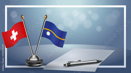 Switzerland and Nauru Small national flag on bokeh background, cooperative relationship